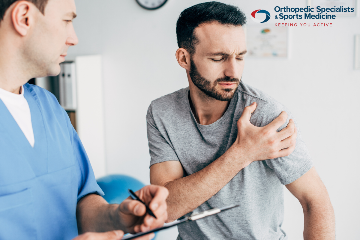 A man with shoulder at the doctor for an examination before replacement surgery in Ohio.